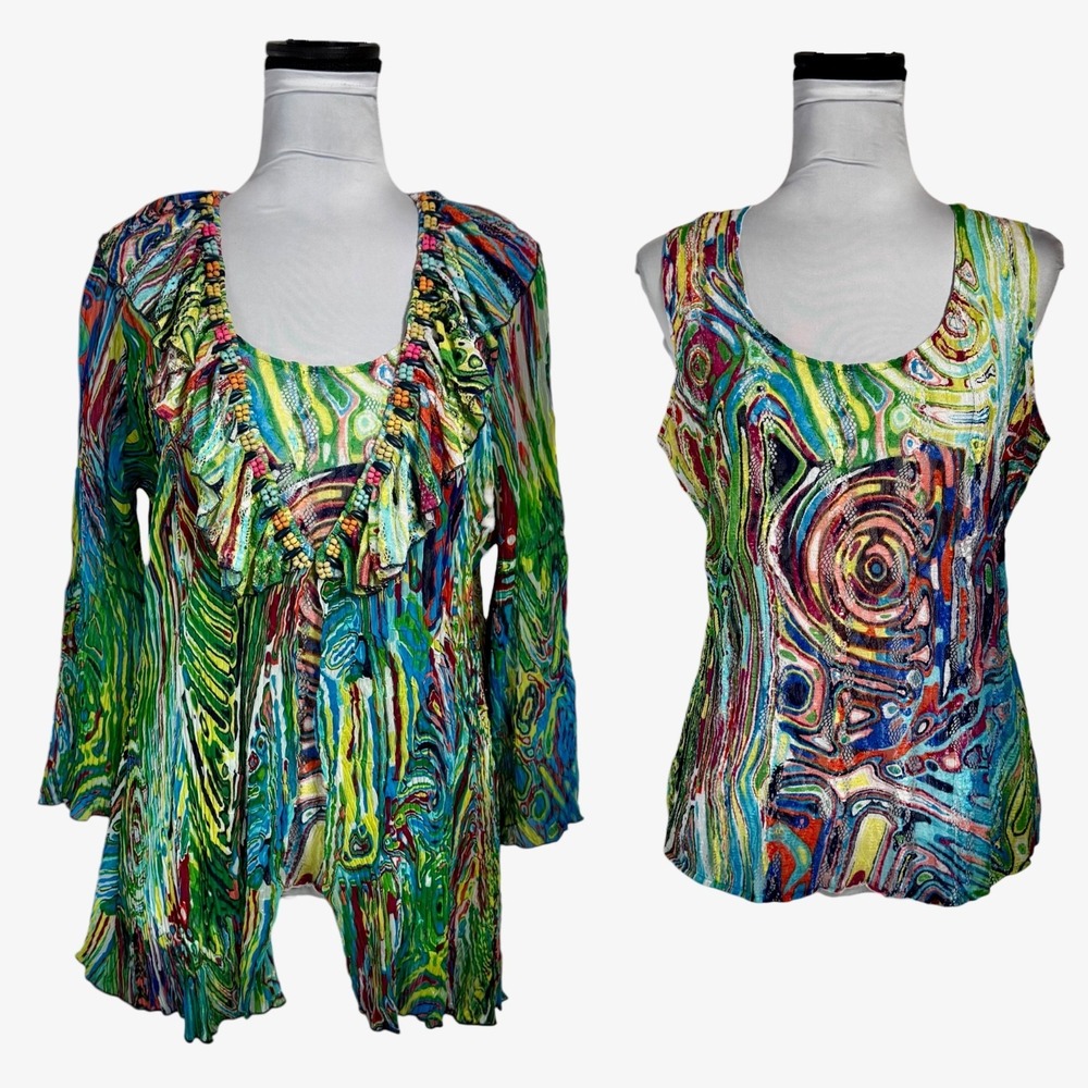 Alberto Makali 2 Pc Set Crinkle Cardigan Tank Psychedelic Beaded Ruffle Boho M